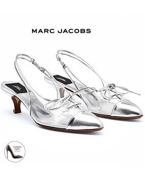 MARC JACOBS Slingback Kitten-Heel Pumps Silver Clear Pointed Toe Designer Shoes